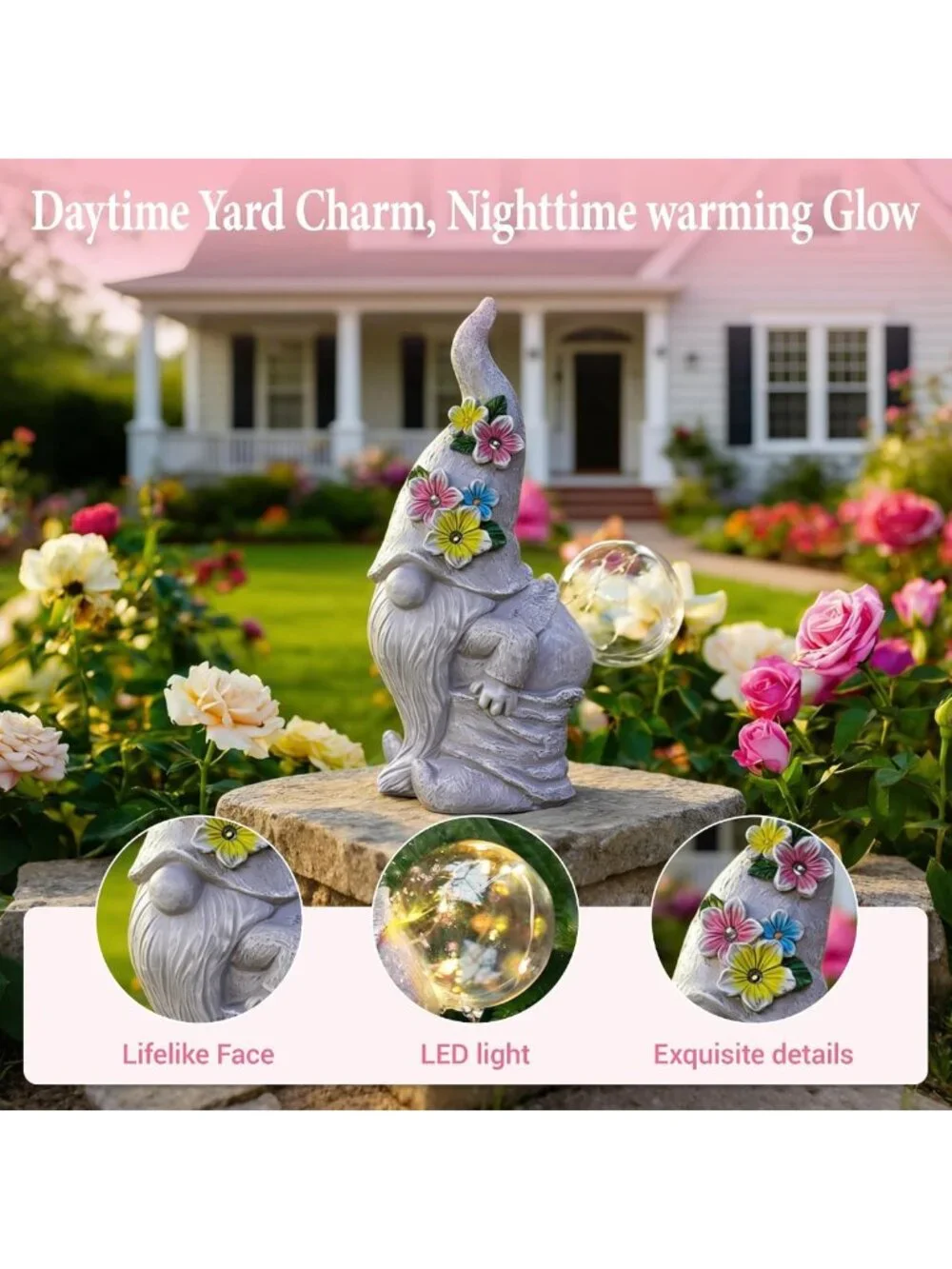 Whimsical Solar Garden Gnome Statue with LED Lights - Outdoor Decor Accent